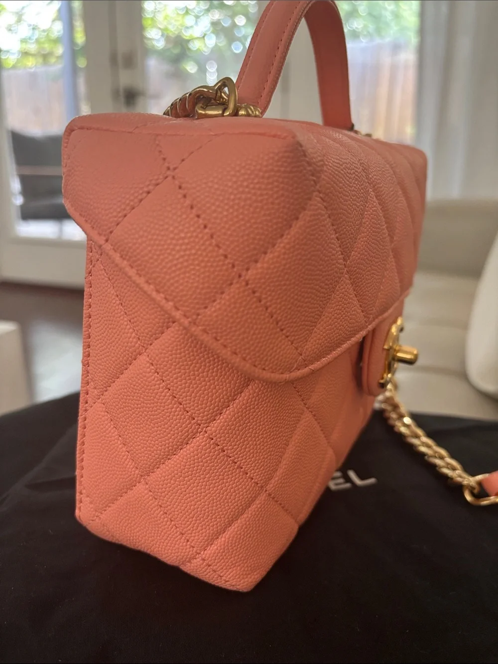 CHANEL Coral Pink Quilted Mini Top Handle Bag with Gold Hardware